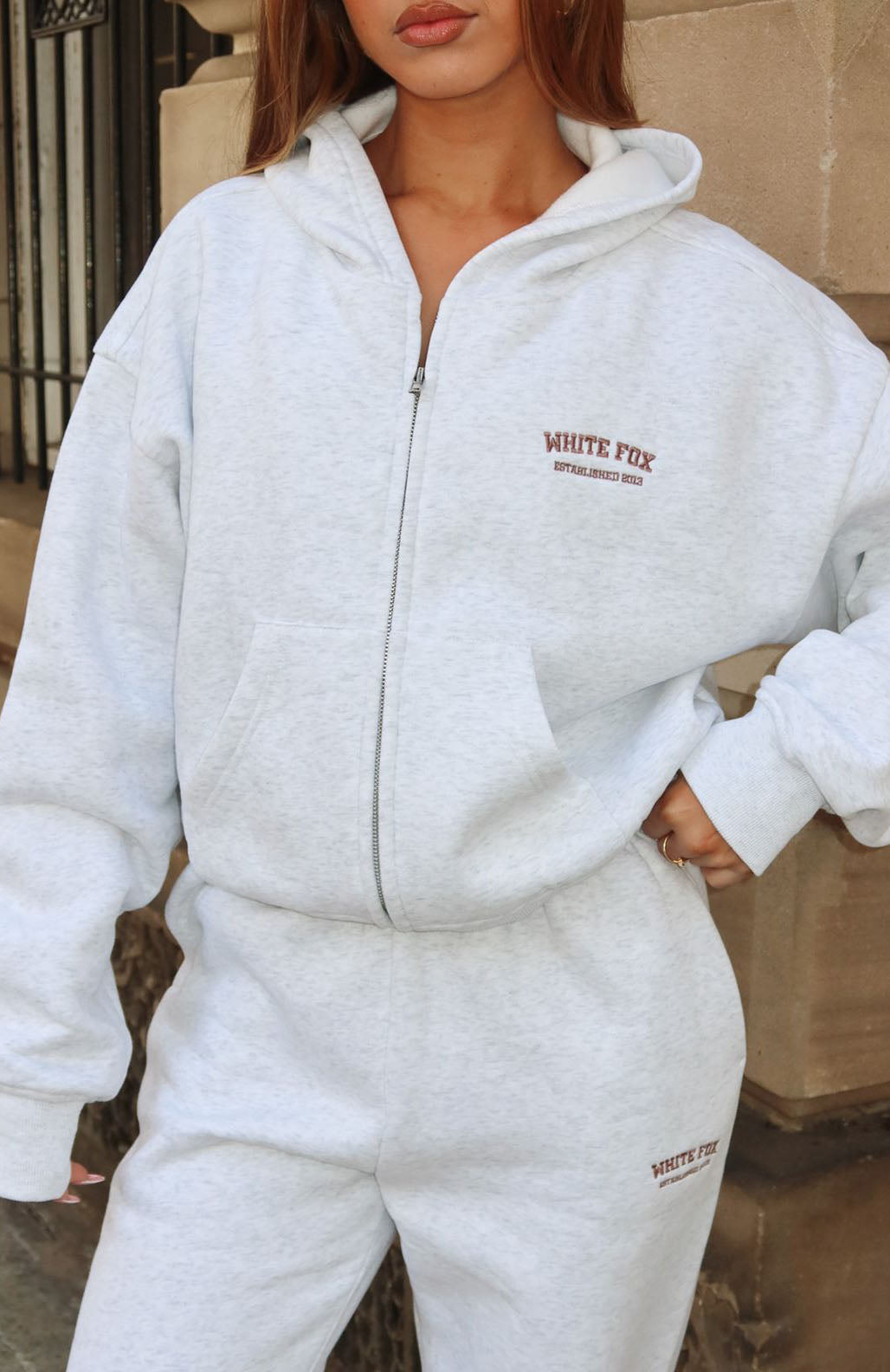 Can't Miss It Boxy Zip Front Hoodie Grey Marle/Rose Gold