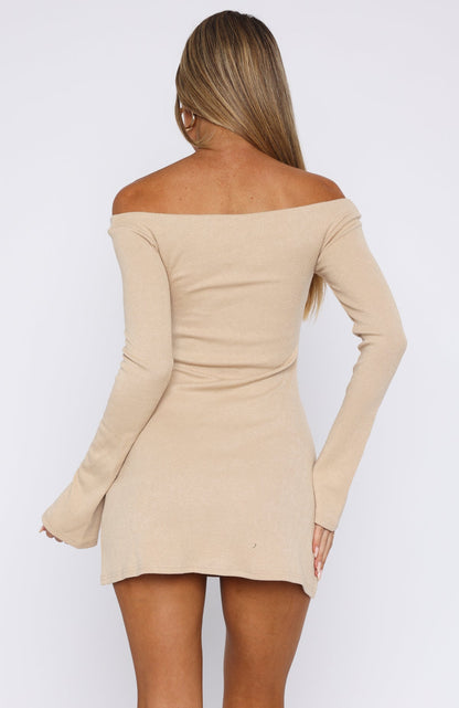 I'm Not Yours Long Sleeve Mini Dress Beige