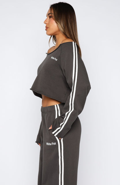 Star Student Cropped Off Shoulder Sweater Charcoal