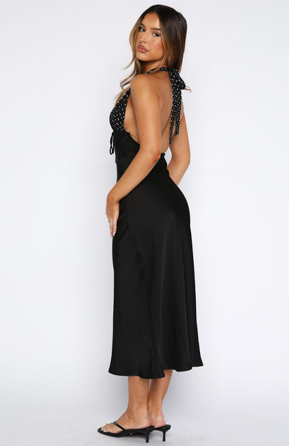 Guess You Miss Me Halter Maxi Dress Black/Ivory Dot