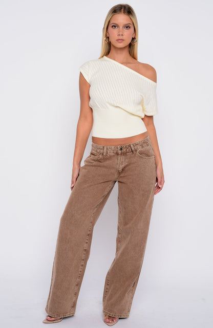 In A Spiral Off Shoulder Knit Top Cream